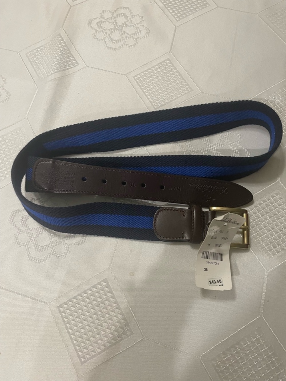 Brooks Brothers Blue Striped Webbing Belt with Brown Leather